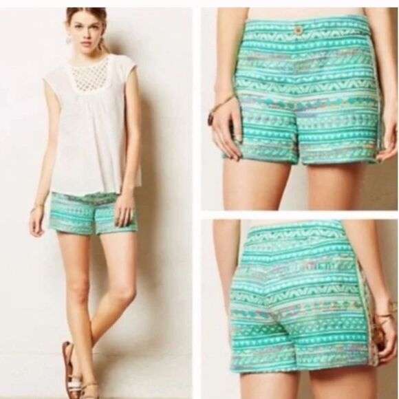 Anthropologie Elevenses Costa Aztec Embroidered shorts 0 Green - Picture 1 of 16